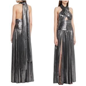 BRONX AND BANCO Metallic Dress Florence Halterneck Gown Cutout Gunmetal Gray 10